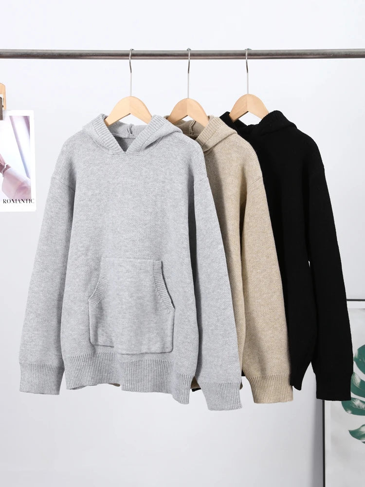 Knit Hooded Pullovers Women's Loose Solid Full Sleeve Pockets Sweaters 2025 Autumn Winter New Lady All-match Tops Streetwear - ATFH