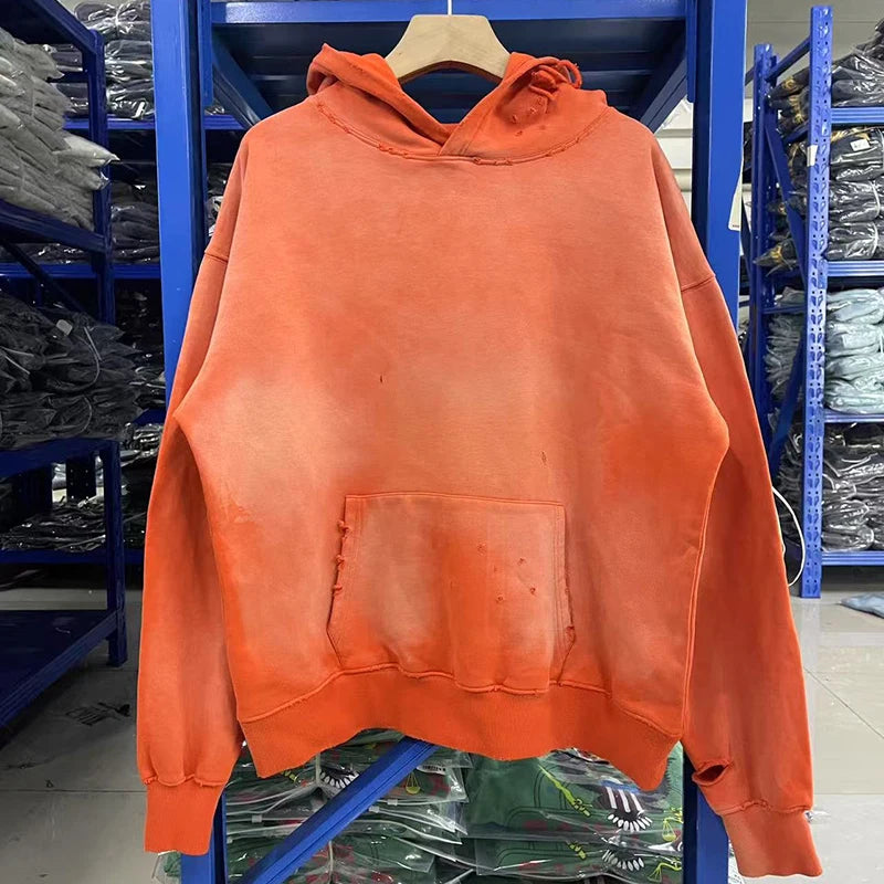 Simple Classic Letters Logo Print Orange Saint Hoodie Hooded Men Women Streetwear Vintage Washed Damaged Hole Pullovers - ATFH
