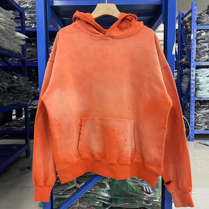 Simple Classic Letters Logo Print Orange Saint Hoodie Hooded Men Women Streetwear Vintage Washed Damaged Hole Pullovers - ATFH