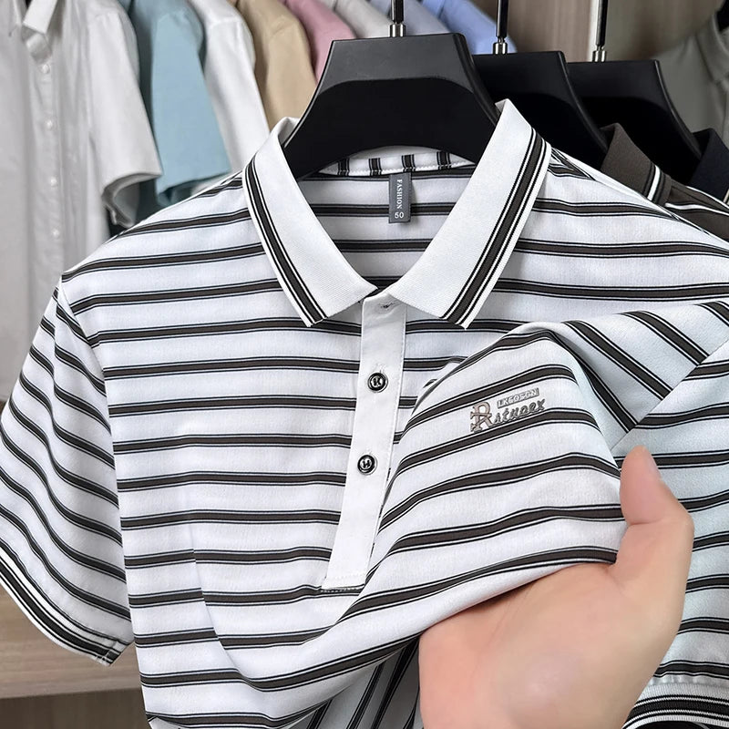 Trend brand letter embossed short sleeve polo shirt men high-quality striped Korean style summer new casual breathable T-shirt