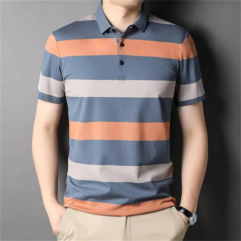 Men's Stripped Pattern Polo Shirt Summer Casual Short Sleeve Button Golf T Shirt Clothes Men's Oversized Polo Shirts Tops