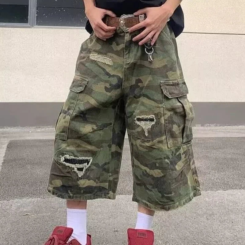 2025 Mens Camo Cargo Denim Shorts Distressed Straight Leg Casual Seven Inch Shorts Y2K Streetwear Vintage Loose Fit Summer Fashi ATFH