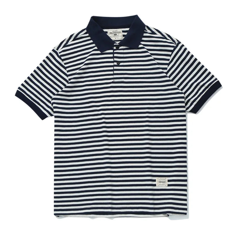 Summer Lapel T-shirt Amekaji Retro Breton Stripe Shirt Pure Cotton Short Sleeve Striped Men's Polo Shirt American Vintage Casual