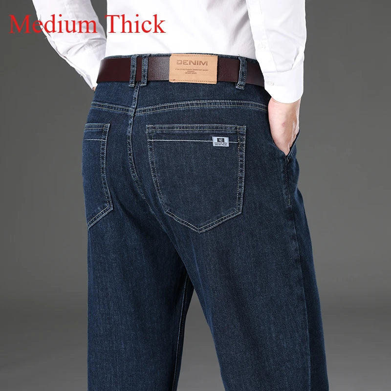 2024 Brand Thin or Thick Material Men's Elastic Cotton Jeans Fashion Gray Comfortable Denim Business Casual High Waist Pants ATFH
