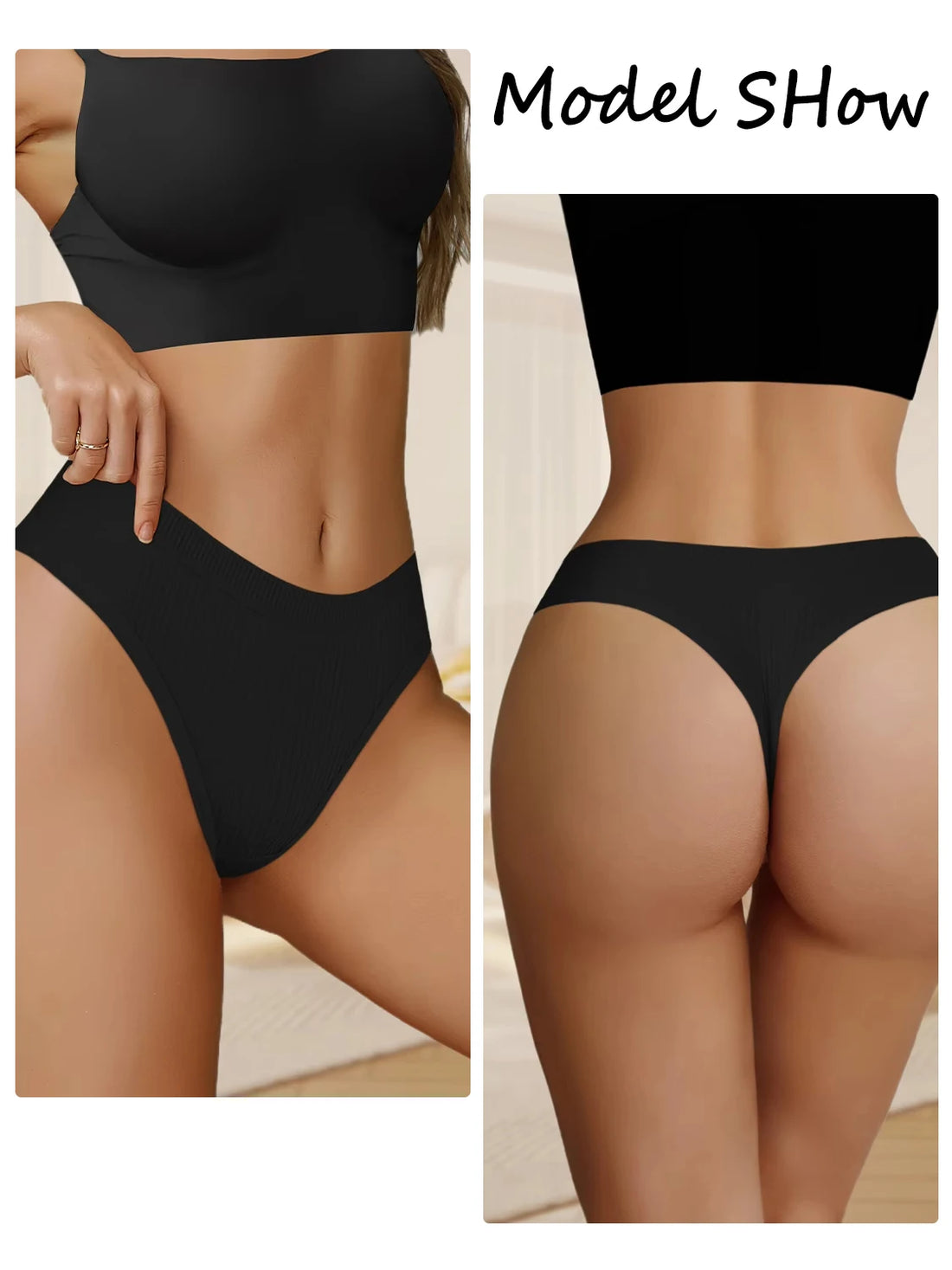 7PCS New Black Cotton Women's G-Strings Female Low Rise Striped Thongs Panties Sexy Bikini Breathable T-Back Intimates Lingerie