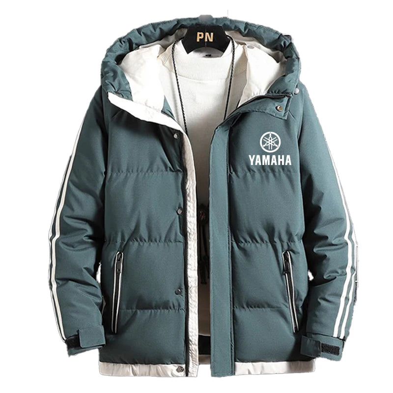 Yamaha's new men's hooded thick winter warm-up cotton coat for outdoor fashion, casual and sporty wear with zipper. Men's coat.