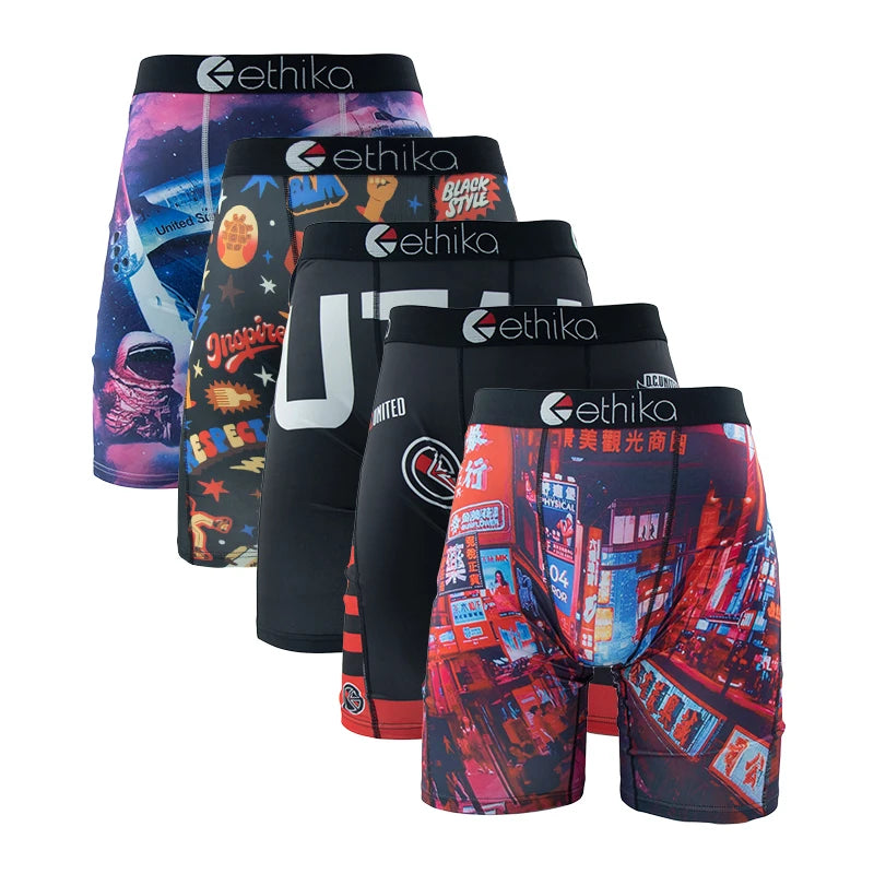 ETHIKA 5Pcs Sexy Men Underwear Breathable Mesh Crotch Mens Underpants Boxers Plus Size Printed Man Panties Men's Boxers Briefs