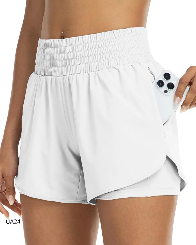 Women's High-Waisted 2-in-1 Quick-Dry Shorts with Zipper Pocket Elastic Waist for Workout Running Gym Yoga Fitness Sportswear Tahsi Fashion House