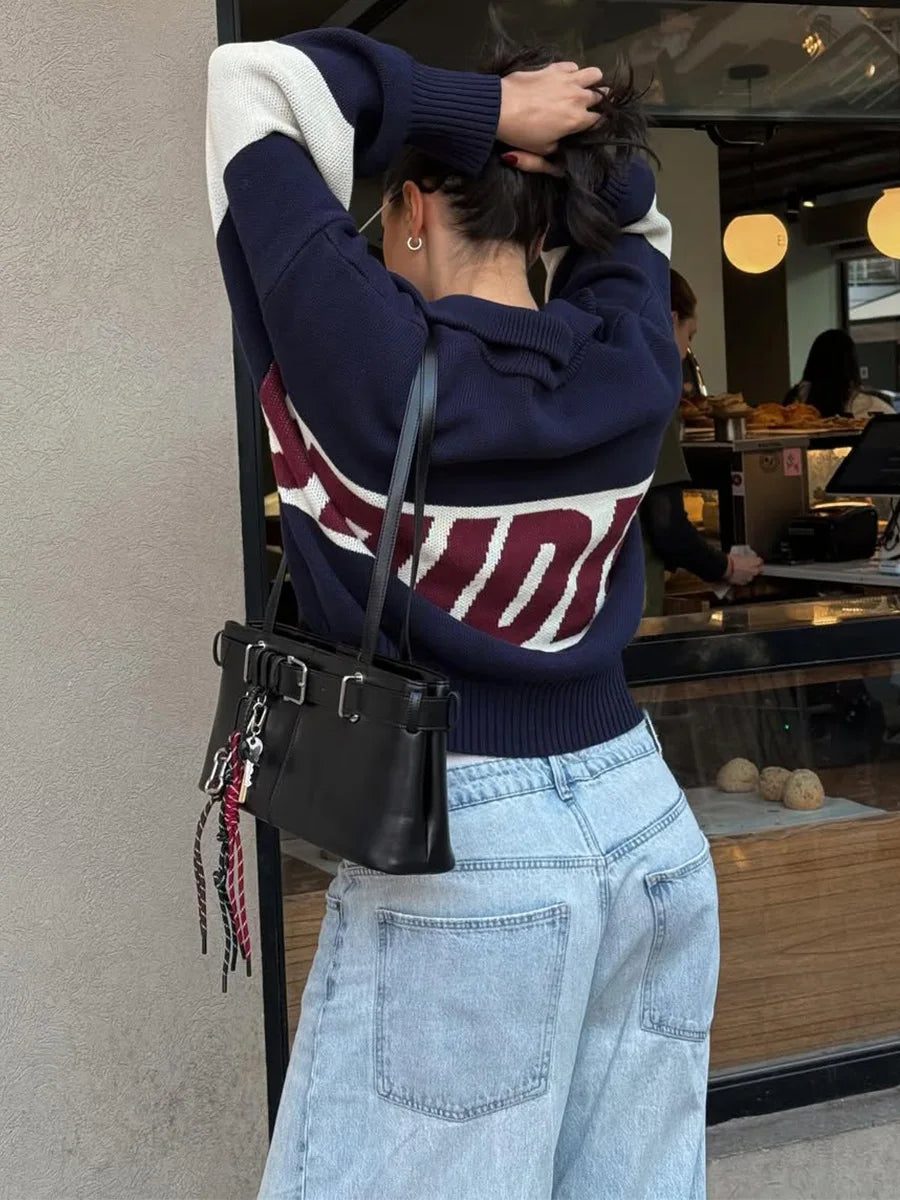 Blubelle New Autumn Winter Women's Knit Sweater Cardigan Collar Design Loose Letter Print Fit Lazy Style Jumpers - ATFH