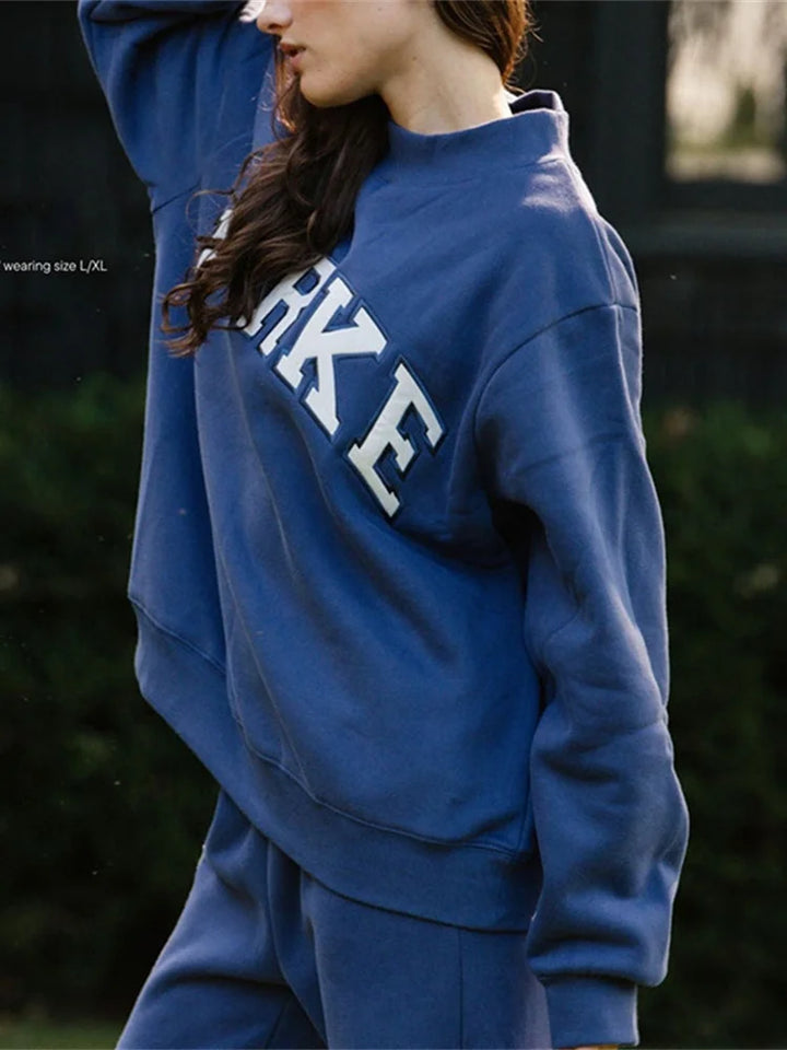 Women Letters Patch Embroidery Blue Sweatshirts Female Stand Collar Long Sleeve Pullover Casual Ladies Sports Top - ATFH