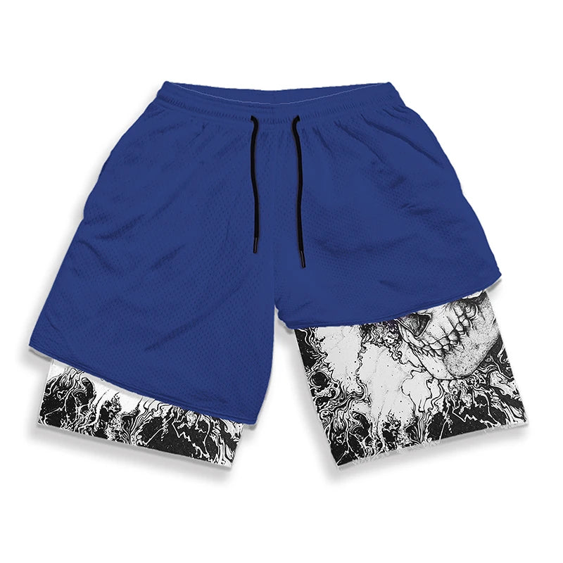 Y2K Gothic Punk Skull Print 2 in 1 Shorts for Men Gym Athletic Performance Shorts with Pockets Summer Workout Fitness Running