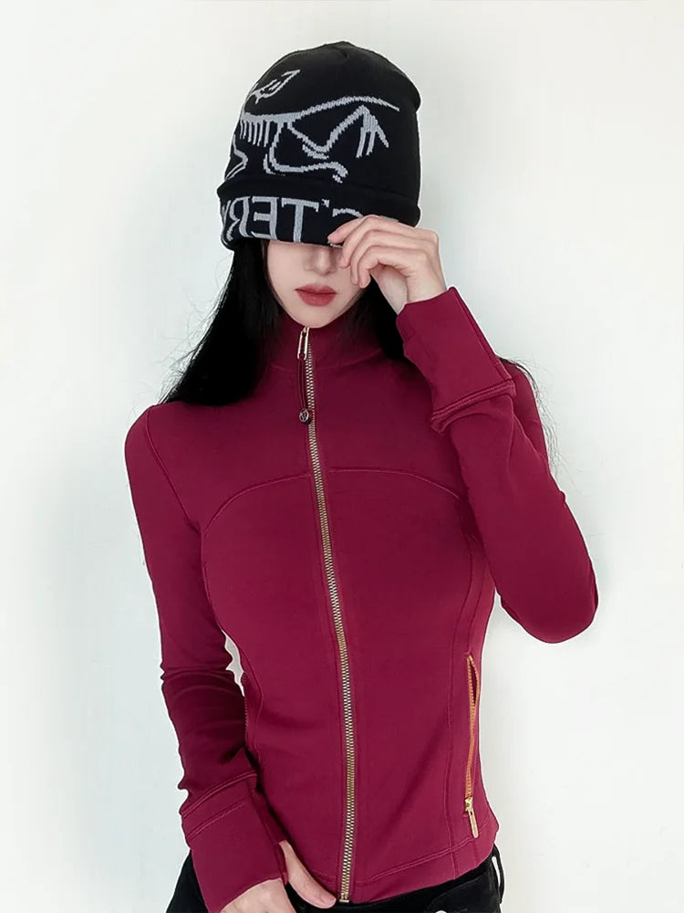 Gold zipper version women's yoga jacket, sports stand-up collar jacket, fitness slimming top