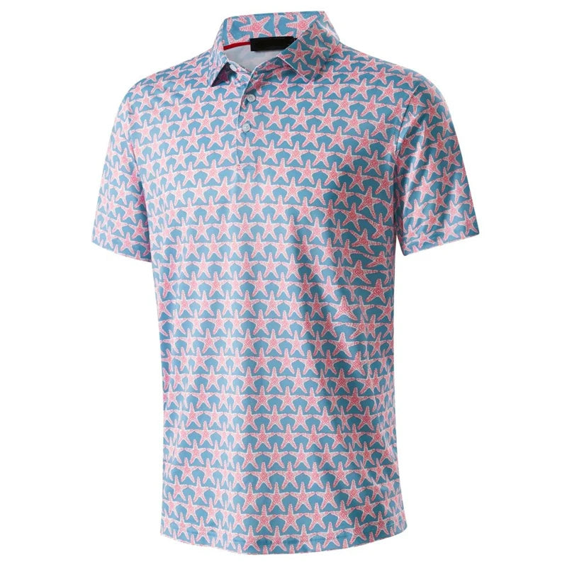 Stars Tree Pattern 3D Printed Polo Golf Shirt For Men Plaid Striped Design Casual Sports Button T-shirt Short Sleeves Sunday