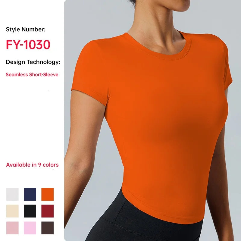 Women's Outdoor Fitness Yoga Top Round-Neck Short Sleeve Quick-Dry Compression T-Shirt for Running and Yoga - ATFH