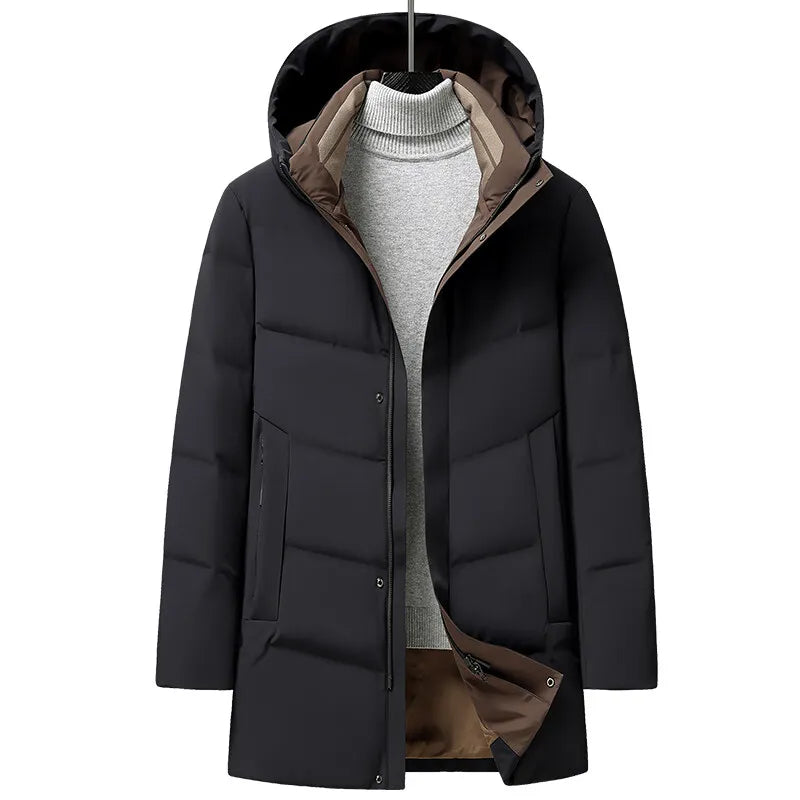 Casual 2026 Winter Men's Warm Mid-Length Hooded Duck Down Jackets Outwear Loose Windproof Puffer Coat Thick Padded Tops Clothing