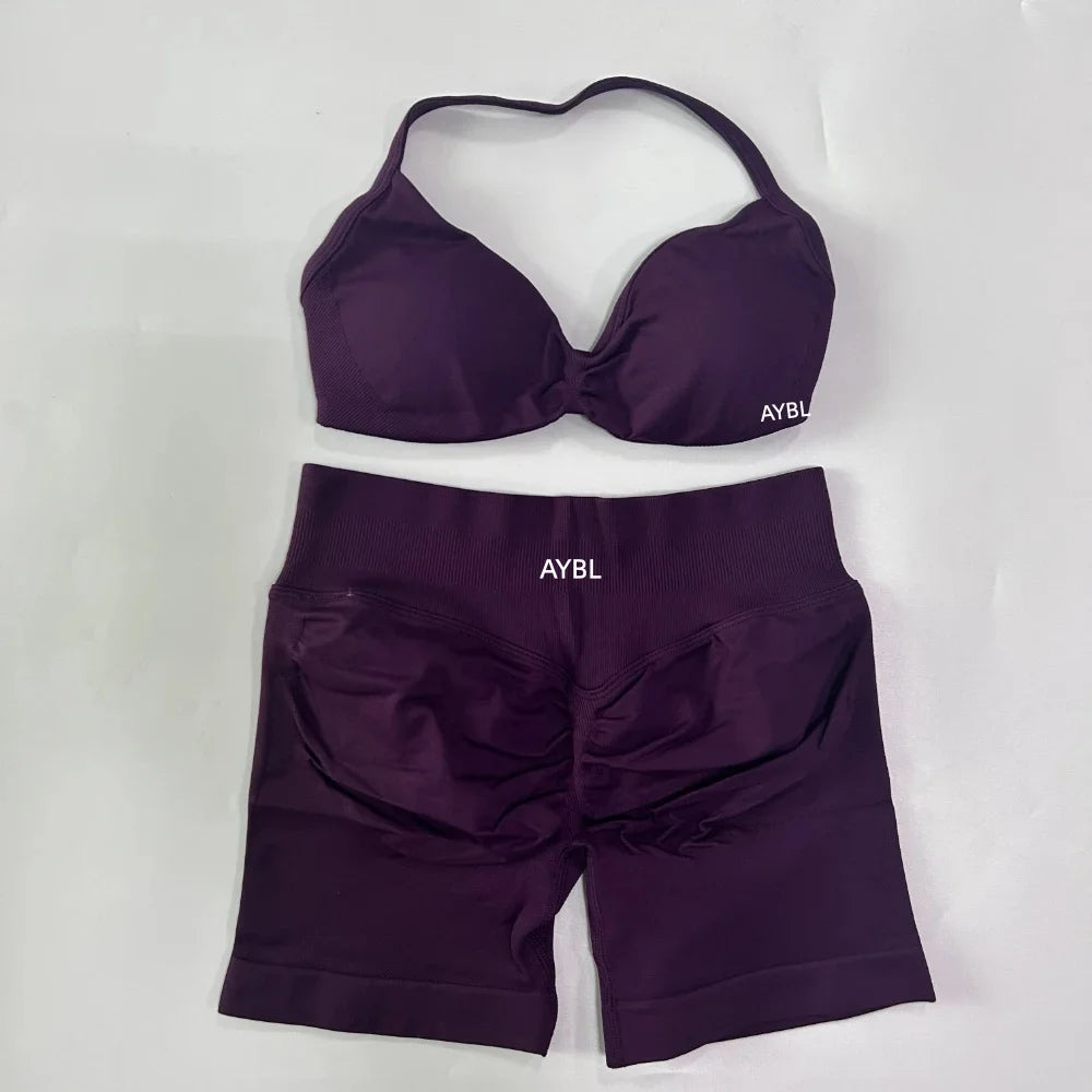 Trendy 2PCS Gym Set Women Strappy Yoga Bra Top High Waist Workout Scrunch Shorts Sports Suit Seamless Yoga Set Fitness Clothes Tahsi Fashion House