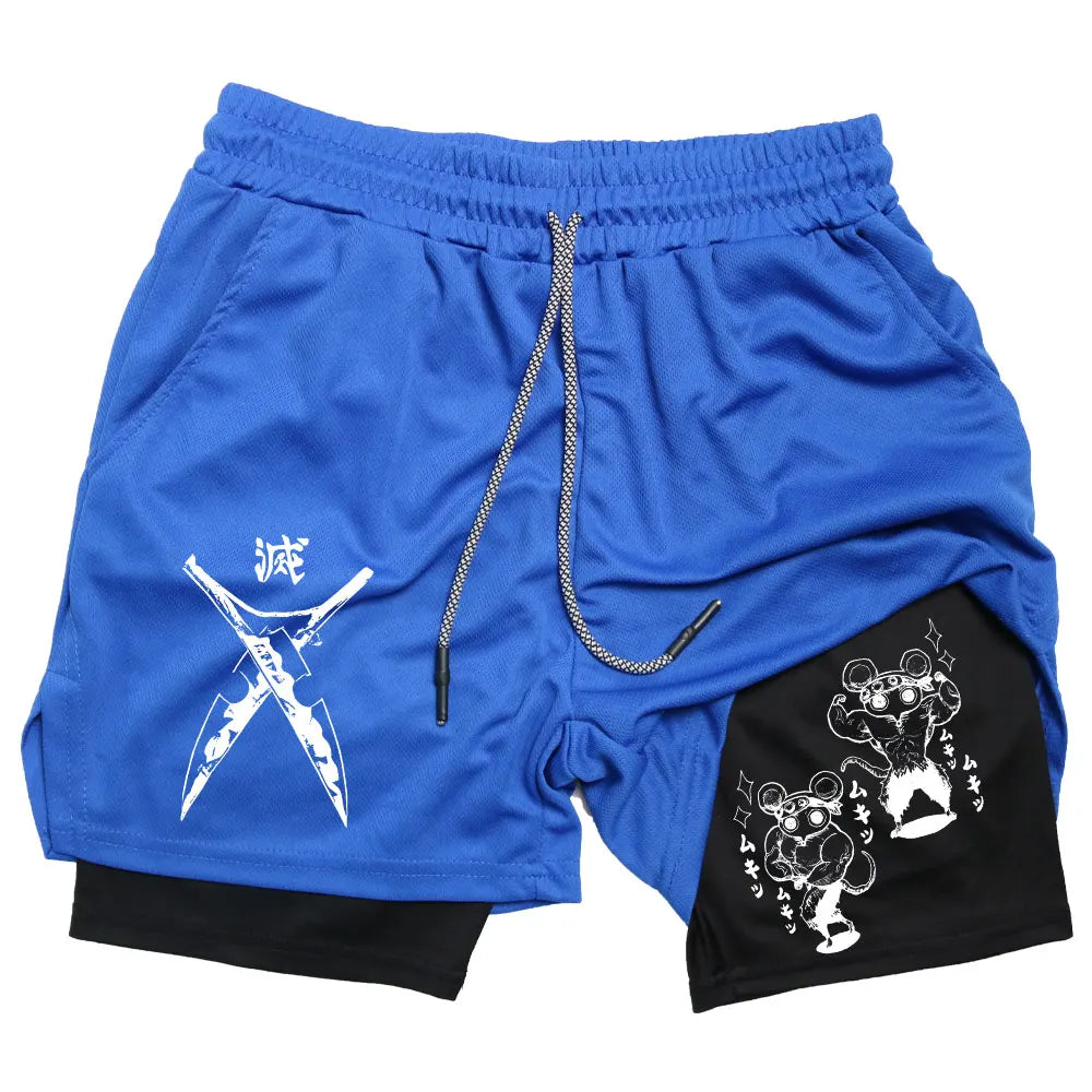 Men's Compression Shorts Anime Demon Slayer Print Beach Shorts Gym Fitness Running Quick Dry Short Pants Summer Print Sportswear