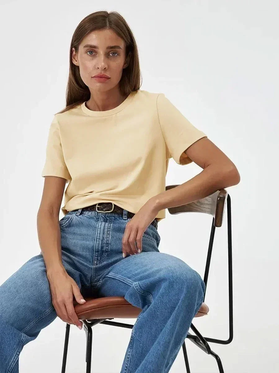Bornladies Summer 100% Cotton Women's T-shirt Bottoming Basic Fashionable Solid Lady Short Sleeve Loose Tops Shirts 230g/㎡ Tops - ATFH