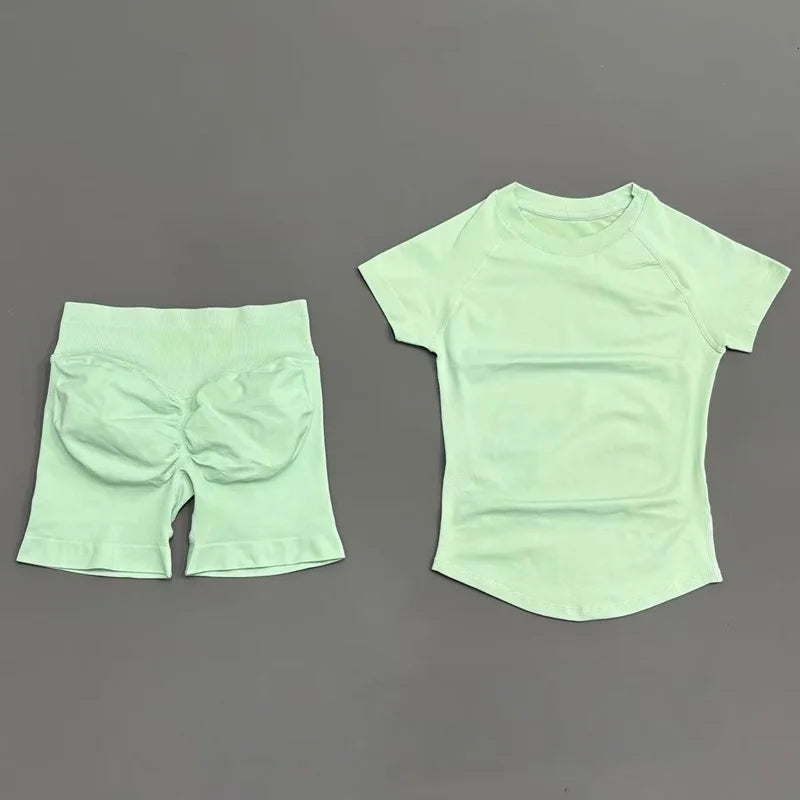 2 Piece Sports Set Women Gym Yoga Set Seamless Fitness Gym Clothes Sportswear Short Sleeve Top Sports Short Leggings Suit - ATFH