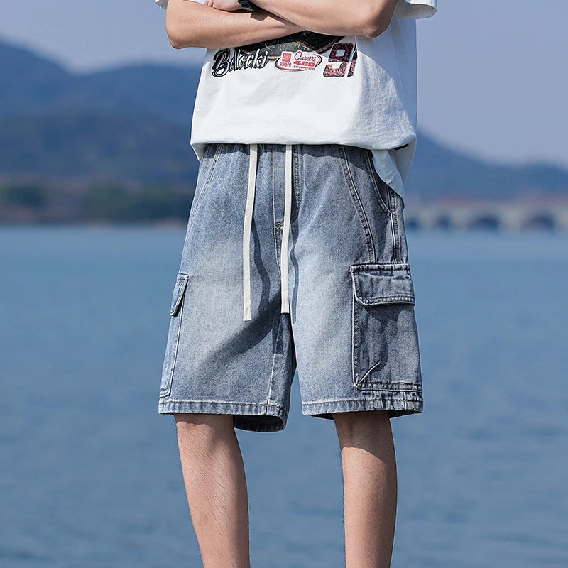 Vintage Blue Men's Denim Shorts Summer New Large Pocket Loose Wide Leg Cargo Jeans Knee Length Elastic Waist Casual Shorts ATFH