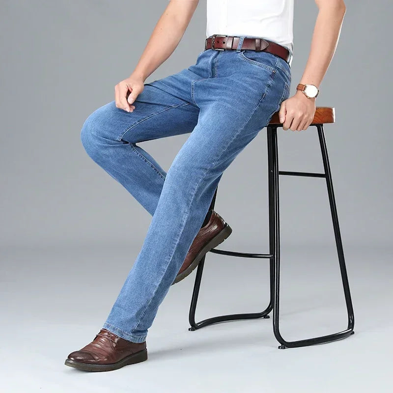 2024 Brand Thin or Thick Material Men's Elastic Cotton Jeans Fashion Gray Comfortable Denim Business Casual High Waist Pants ATFH