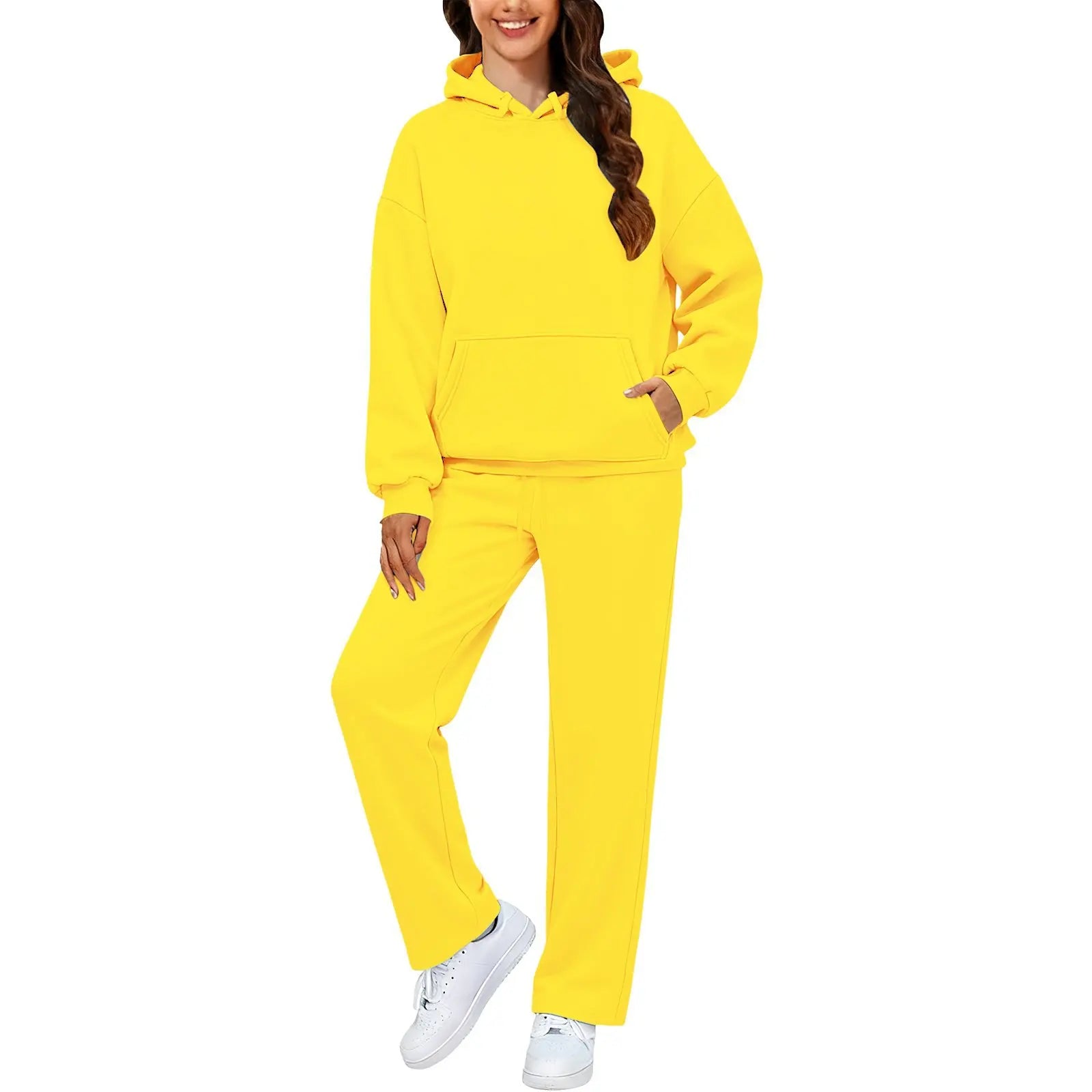 Autumn Winter Women Hoodie+Wide Leg Pants Two Pieces Casual Fleece Loose Long Sleeve Tracksuit Comfortable Sports Women Suit