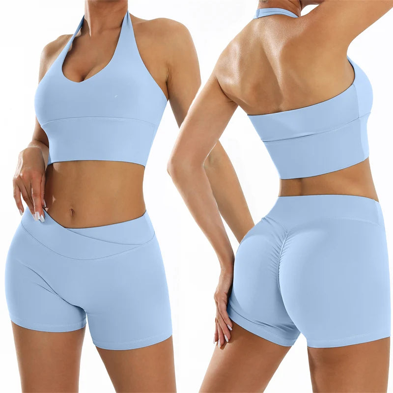 Sexy Yoga Shorts Set Fitness Suits For Women Sportswear Summer Scrunch Sports Outfits Quick-Dry Breathable Gym Workout Clothes - ATFH