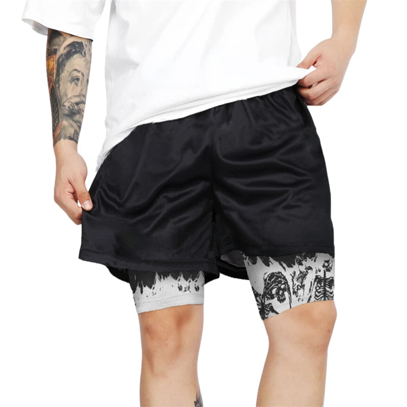 Y2K Gothic Punk Skull Print 2 in 1 Shorts for Men Gym Athletic Performance Shorts with Pockets Summer Workout Fitness Running