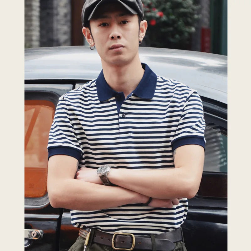Summer Lapel T-shirt Amekaji Retro Breton Stripe Shirt Pure Cotton Short Sleeve Striped Men's Polo Shirt American Vintage Casual