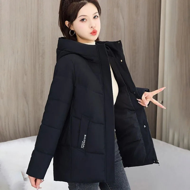 Women Short 2025 Winter New Solid Color Cotton Coats Thicken Hooded Warm Casual Coats Pockets Letter Windproof Soft Coats