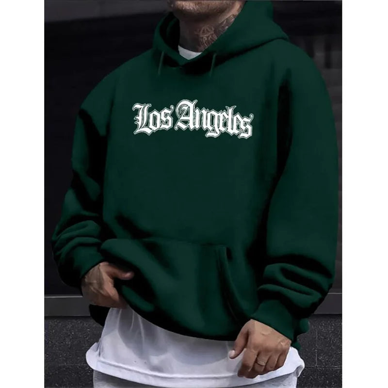 Men's autumn and winter casual fashion loose hoodie Los Angeles letter printed long sleeved warm pullover sweater - ATFH