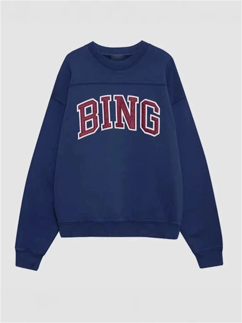 2025 Winter New North American Niche Classic Letter BING Printed Inner Fleece High Neck Loose Women's Sweatshirt - ATFH