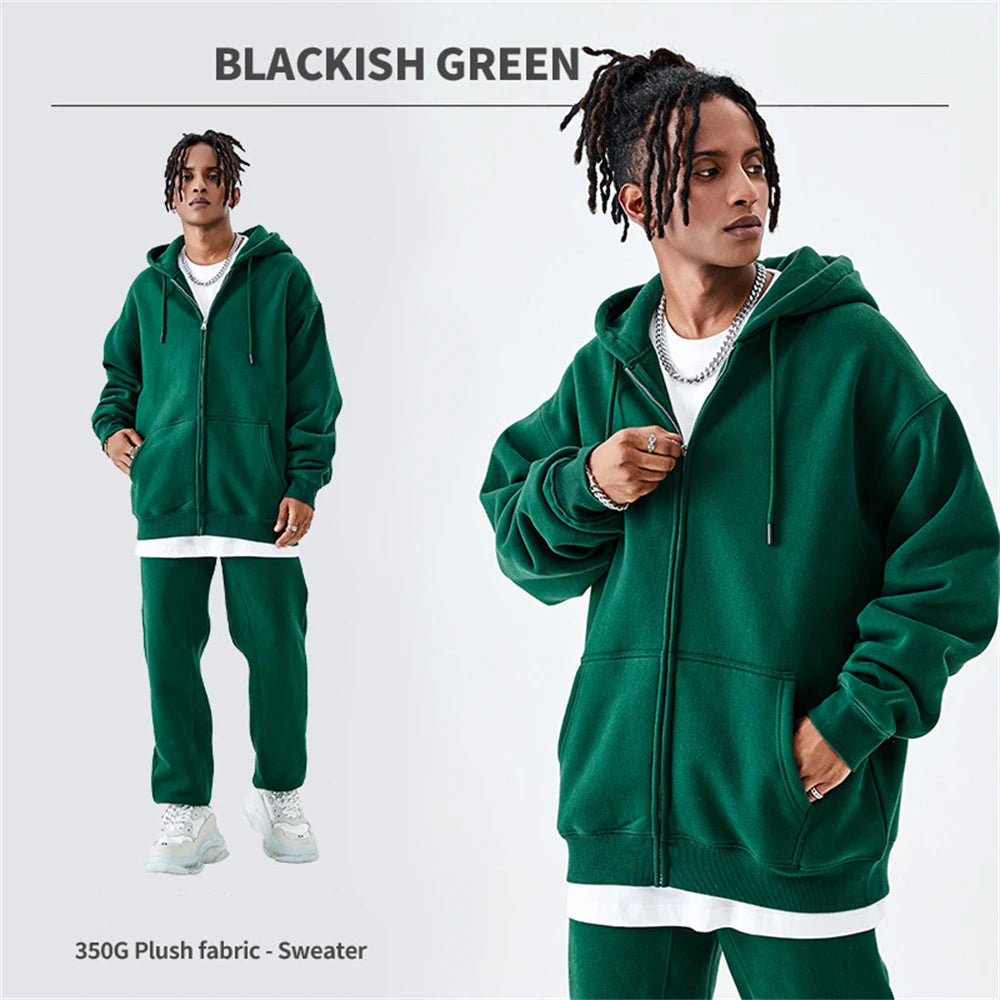 ZODF Basic Winter Men Fleece Zipper Hoodies Unisex Casual Loose 350gsm Warm Solid Hooded Sweatshirts Coats 18 Colors HY0726 - ATFH