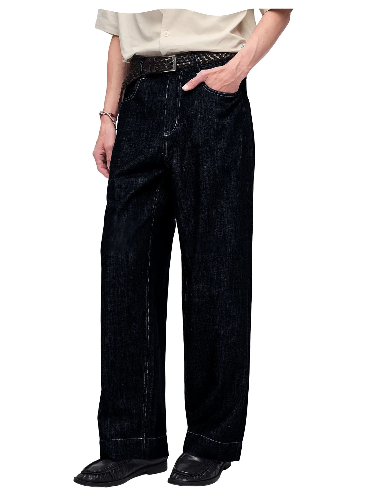 Retro Men's High Waist Wide Leg Jeans Loose Fit Denim Pants Breathable Casual Stretchy Heavyweight Cotton Y2K Baggy Trousers ATFH