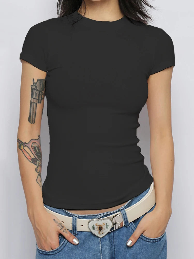Basic Solid Crop Top Short Sleeve Crewneck Skinny T-shirt Summer Casual Tee for Women Y2K Vintage Top Harajuku Streetwear - ATFH