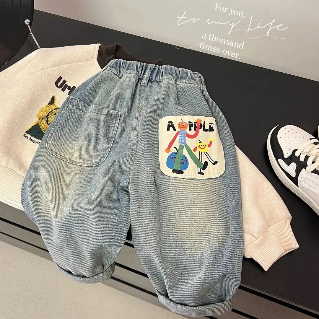 Spring Autumn Toddler Boys Denim Pants Cotton Animepattern Babys Boys Jeans Casual Loose Elastic Waist Trousers For Children Boy ATFH