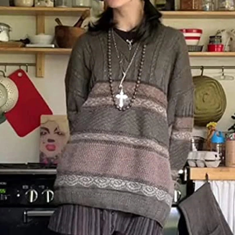 Dourbesty 2000s Vintage Sweater Y2K Women Casual Striped Long Sleeve Round Neck Preppy Style Pullover Tops Retro Grunge Knitwear - ATFH