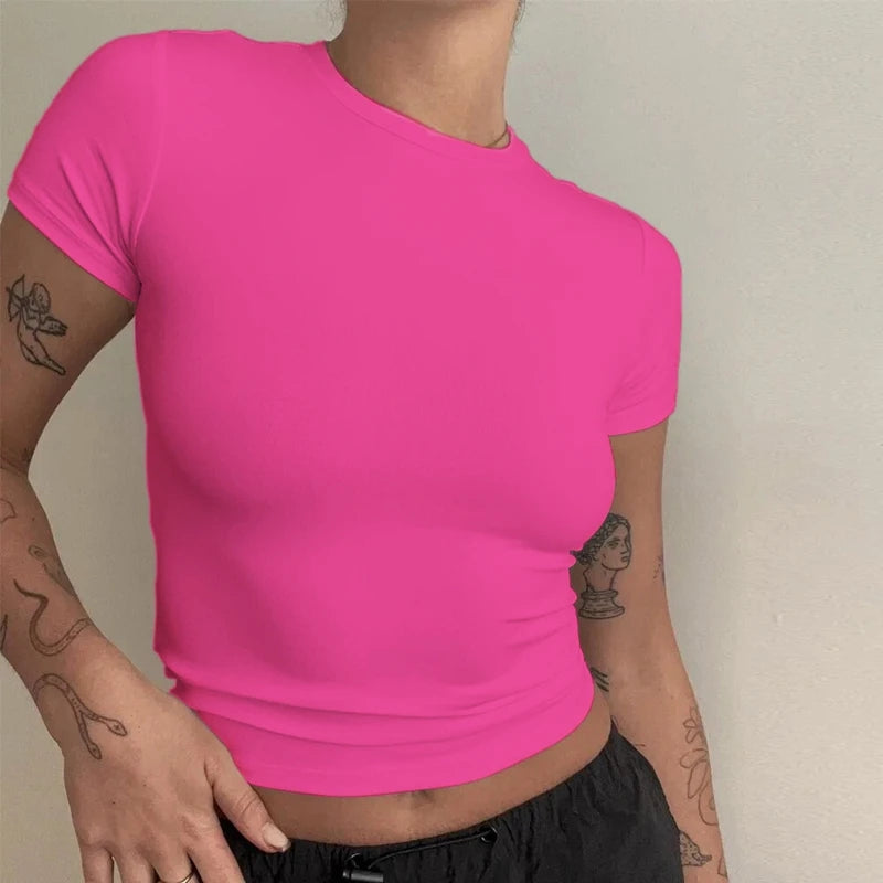 Woman Clothing Short Sleeve T-shirt Slim Fit Tops Female O-Neck Knitted Sheath Tee Shirt Street Wear Sex Sporty 2024 Y2K New2410 - ATFH