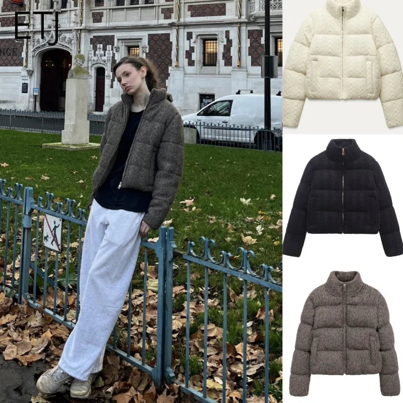 ETJ 2025 Winter new  women's fresh and elegant white turtleneck knitted thick cotton jacket warm bread jacket 6318229 ATFH