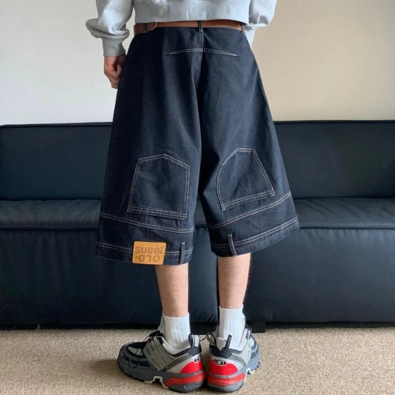 American Vintage Denim Shorts Men High Street Loose Wide Leg Niche Pants Fashion Casual Versatile Short Jeans Male and Female ATFH