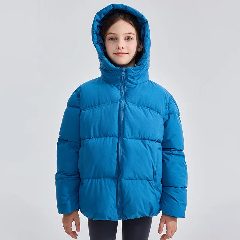 Winter Boys Girls Cotton Down Jacket Solid Windproof Thick Warm Hooded Mid-length Coat for 3-10 Years Kids Casual Outerwear
