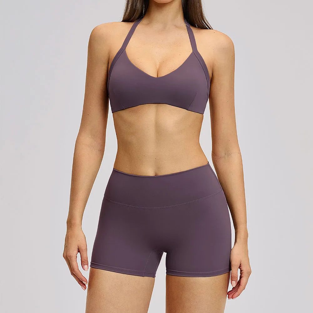 Women's Yoga Suit Breathable Quick-drying Gym Push Up Sports Set Shockproof Bra Hip Litting Leggings Shorts 2-piece Sports Set - ATFH