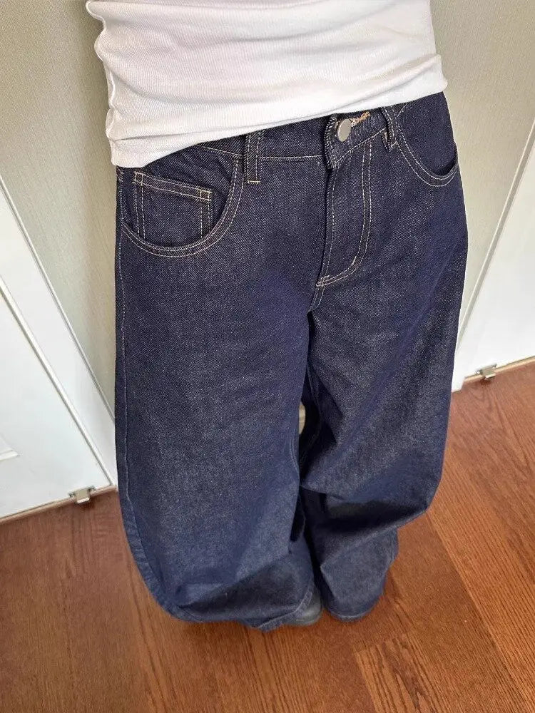 New American women black high street vibe wide-leg jeans for autumn and winter for men and women washed loose straight pants ATFH