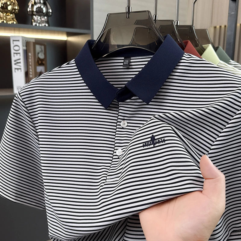 Luxury brand striped short sleeve polo shirt new fashion letter embossed men's T-shirt summer breathable Korean style casual top