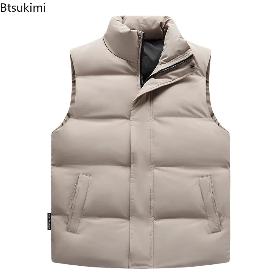 2026 Winter New Down Cotton Vest for Men Solid Color Stand Collar Versatile Sleeveless Vest Cold Resistant Warm Cotton Waistcoat