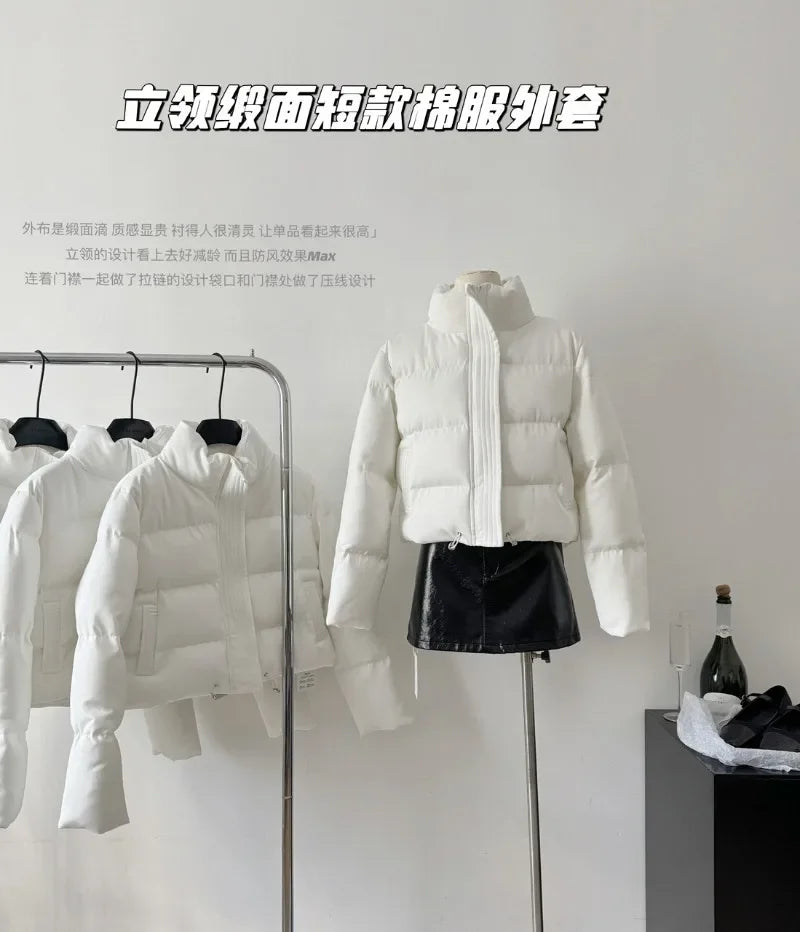 Fall and Winter New Women Tops Parkas Coats Stand Collar Long Sleeve Drawstring Waist Short Warm Parkas Jacket Female Clothing ATFH