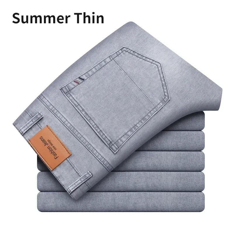 2024 Brand Thin or Thick Material Men's Elastic Cotton Jeans Fashion Gray Comfortable Denim Business Casual High Waist Pants ATFH