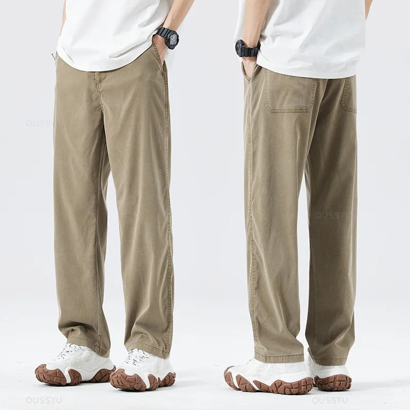 Summer Soft Lyocell Fabric Men's Jeans Thin Loose Straight Pants Drawstring Elastic Waist Korea Casual Trousers Plus Size M-5XL ATFH