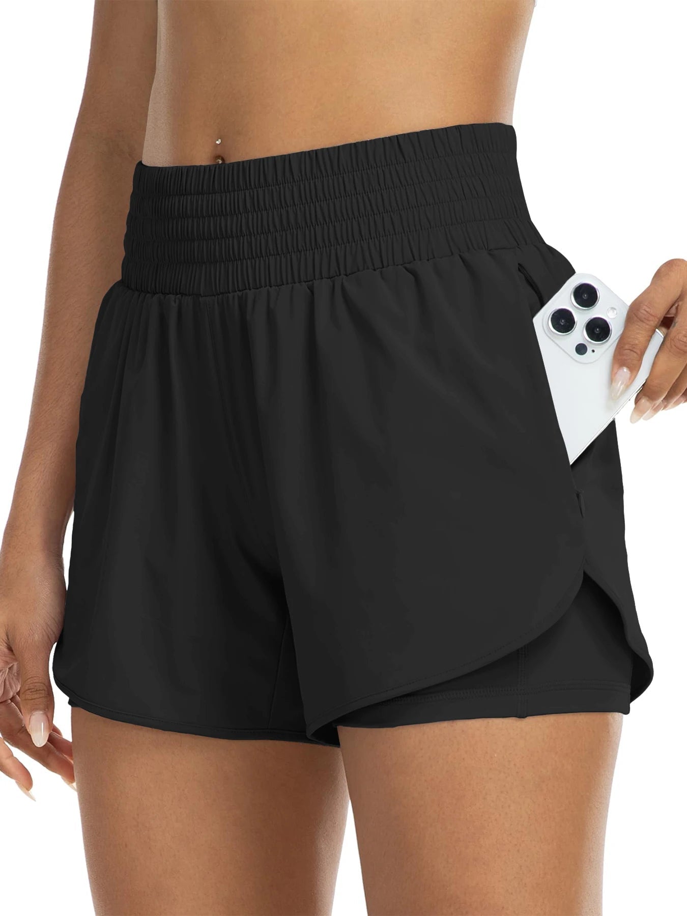 Women's high-waisted athletic shorts for running, yoga, layered design, anti-exposure, fitness, and workout with pockets Tahsi Fashion House