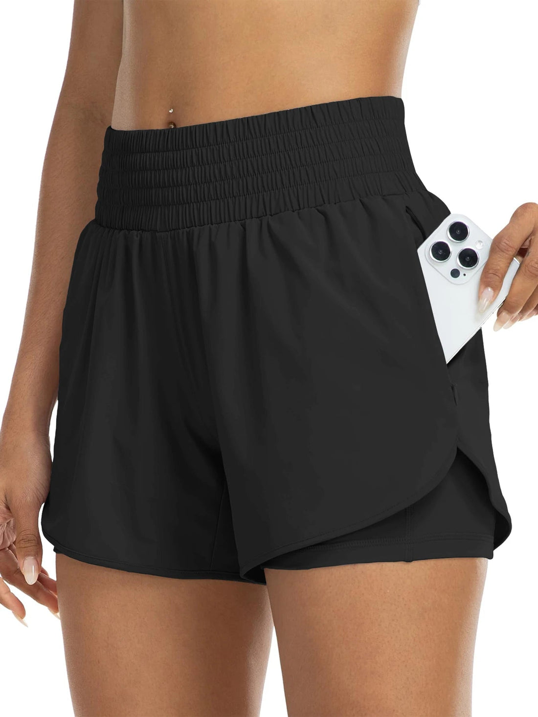 Women's high-waisted athletic shorts for running, yoga, layered design, anti-exposure, fitness, and workout with pockets Tahsi Fashion House